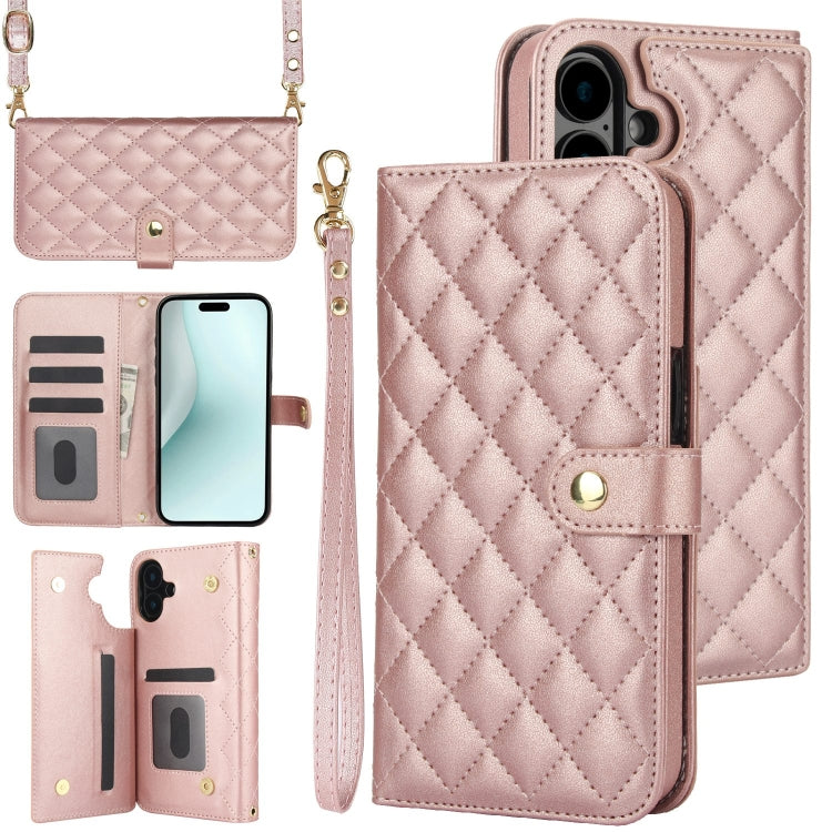 For iPhone 16 Plus Crossbody Multifunction Rhombic Leather Phone Case(Rose Gold) - iPhone 16 Plus Cases by PMC Jewellery | Online Shopping South Africa | PMC Jewellery | Buy Now Pay Later Mobicred