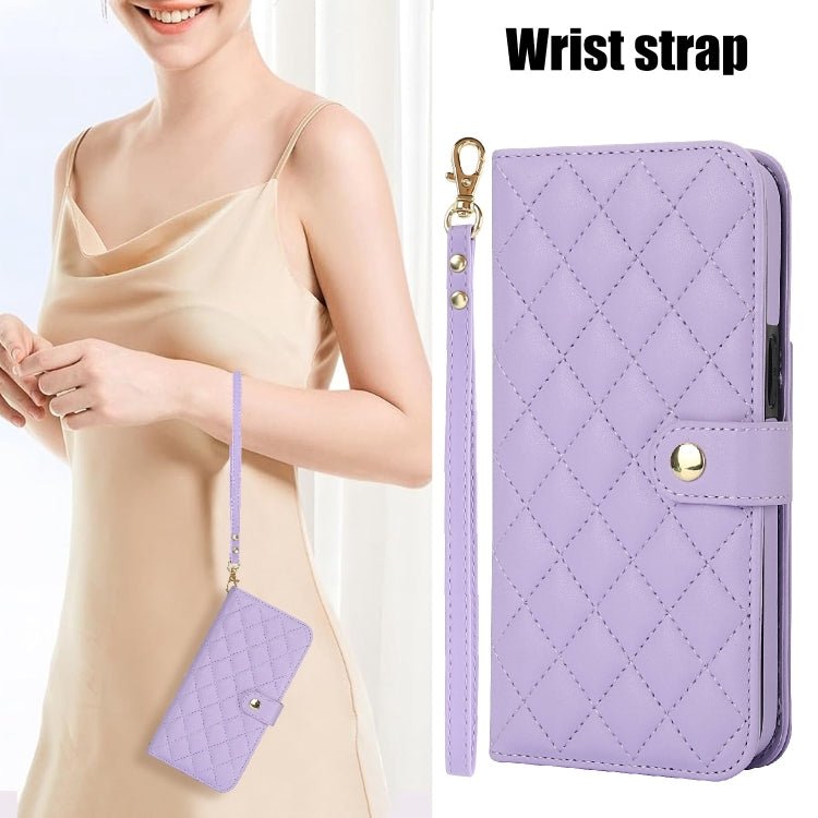 For iPhone 16 Plus Crossbody Multifunction Rhombic Leather Phone Case(Purple) - iPhone 16 Plus Cases by PMC Jewellery | Online Shopping South Africa | PMC Jewellery | Buy Now Pay Later Mobicred