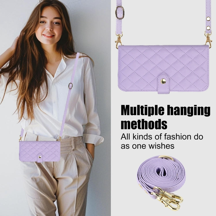 For iPhone 16 Crossbody Multifunction Rhombic Leather Phone Case(Purple) - iPhone 16 Cases by PMC Jewellery | Online Shopping South Africa | PMC Jewellery | Buy Now Pay Later Mobicred