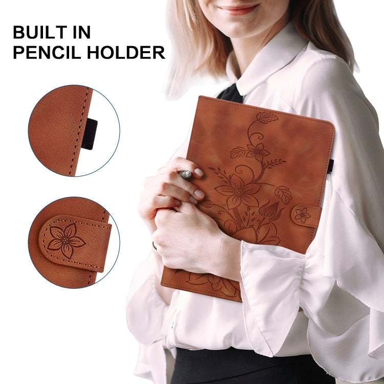 For Nokia T21 Lily Embossed Leather Tablet Case(Brown) - Nokia by PMC TechLife | Online Shopping South Africa | PMC TechLife | Buy Now Pay Later Mobicred