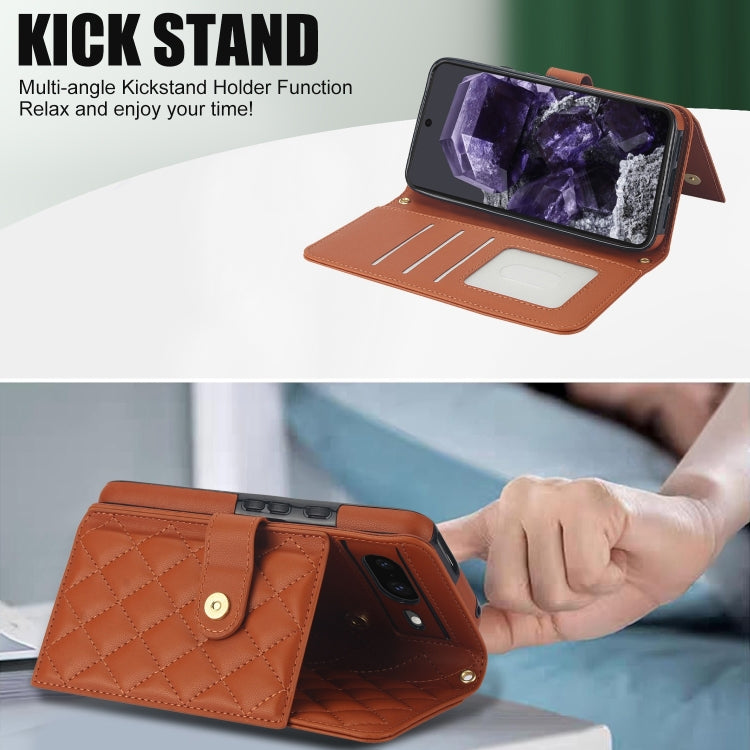 For Google Pixel 8 Crossbody Multifunction Rhombic Leather Phone Case(Brown) - Google Cases by PMC TechLife | Online Shopping South Africa | PMC TechLife | Buy Now Pay Later Mobicred