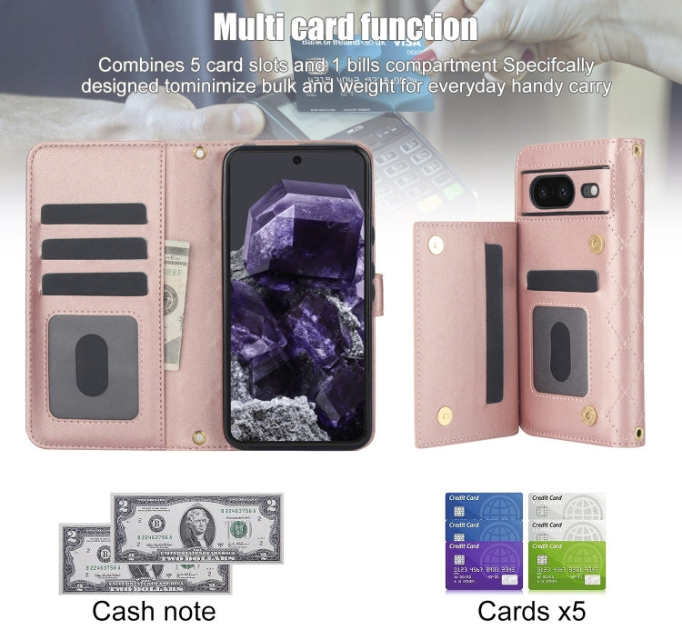 For Google Pixel 8a Crossbody Multifunction Rhombic Leather Phone Case(Rose Gold) - Google Cases by PMC TechLife | Online Shopping South Africa | PMC TechLife | Buy Now Pay Later Mobicred
