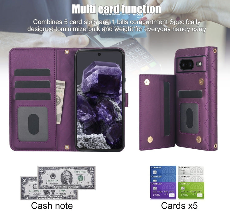 For Google Pixel 8a Crossbody Multifunction Rhombic Leather Phone Case(Dark Purple) - Google Cases by PMC TechLife | Online Shopping South Africa | PMC TechLife | Buy Now Pay Later Mobicred
