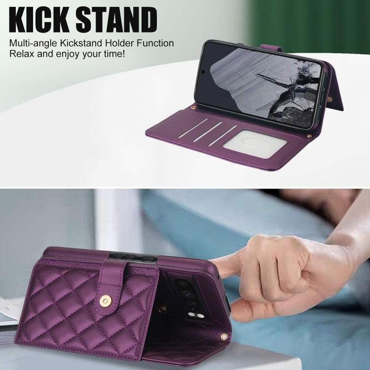 For Google Pixel 8 Pro Crossbody Multifunction Rhombic Leather Phone Case(Dark Purple) - Google Cases by PMC TechLife | Online Shopping South Africa | PMC TechLife | Buy Now Pay Later Mobicred
