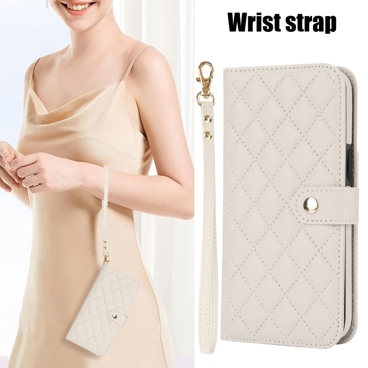 For Google Pixel 9 Crossbody Multifunction Rhombic Leather Phone Case(White) - Google Cases by PMC TechLife | Online Shopping South Africa | PMC TechLife | Buy Now Pay Later Mobicred