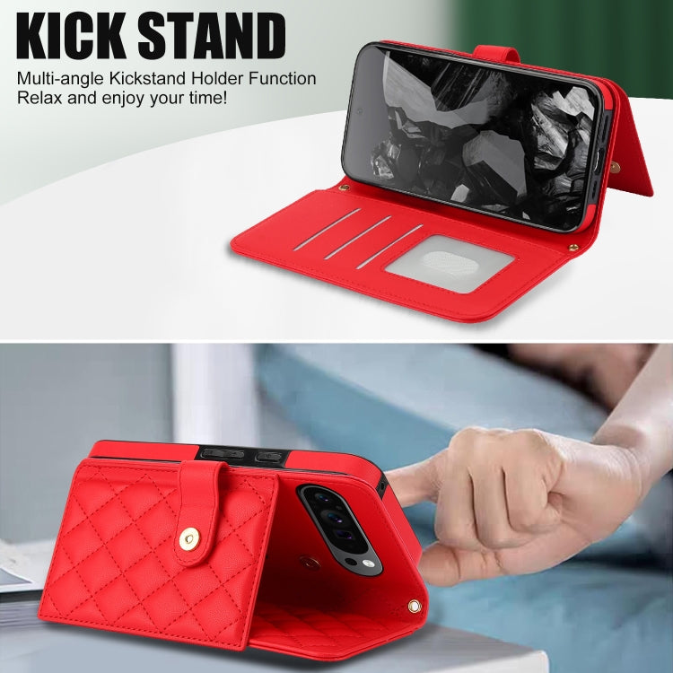 For Google Pixel 9 Crossbody Multifunction Rhombic Leather Phone Case(Red) - Google Cases by PMC TechLife | Online Shopping South Africa | PMC TechLife | Buy Now Pay Later Mobicred