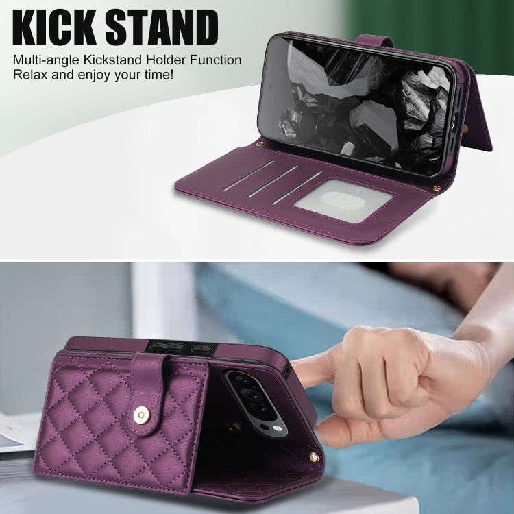 For Google Pixel 9 Crossbody Multifunction Rhombic Leather Phone Case(Dark Purple) - Google Cases by PMC TechLife | Online Shopping South Africa | PMC TechLife | Buy Now Pay Later Mobicred