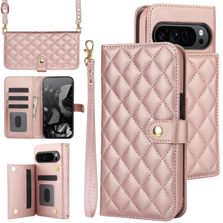 For Google Pixel 9 Pro XL Crossbody Multifunction Rhombic Leather Phone Case(Rose Gold) - Google Cases by PMC TechLife | Online Shopping South Africa | PMC TechLife | Buy Now Pay Later Mobicred