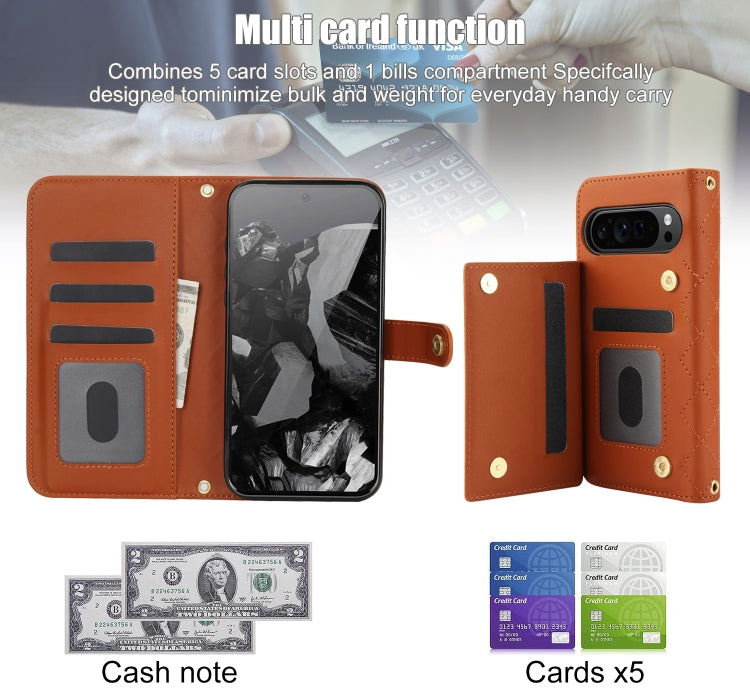 For Google Pixel 9 Pro XL Crossbody Multifunction Rhombic Leather Phone Case(Brown) - Google Cases by PMC TechLife | Online Shopping South Africa | PMC TechLife | Buy Now Pay Later Mobicred