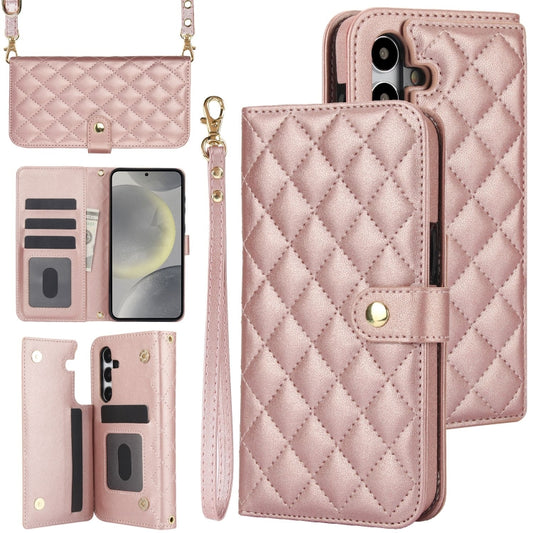 For Samsung Galaxy S24+ 5G Crossbody Multifunction Rhombic Leather Phone Case(Rose Gold) - Galaxy S24+ 5G Cases by PMC Jewellery | Online Shopping South Africa | PMC Jewellery | Buy Now Pay Later Mobicred