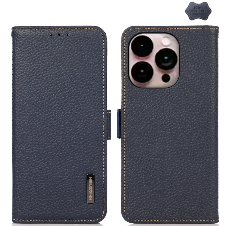 For iPhone 16 Pro Max KHAZNEH Side-Magnetic Litchi Genuine Leather RFID Case(Blue) - iPhone 16 Pro Max Cases by PMC TechLife | Online Shopping South Africa | PMC TechLife | Buy Now Pay Later Mobicred
