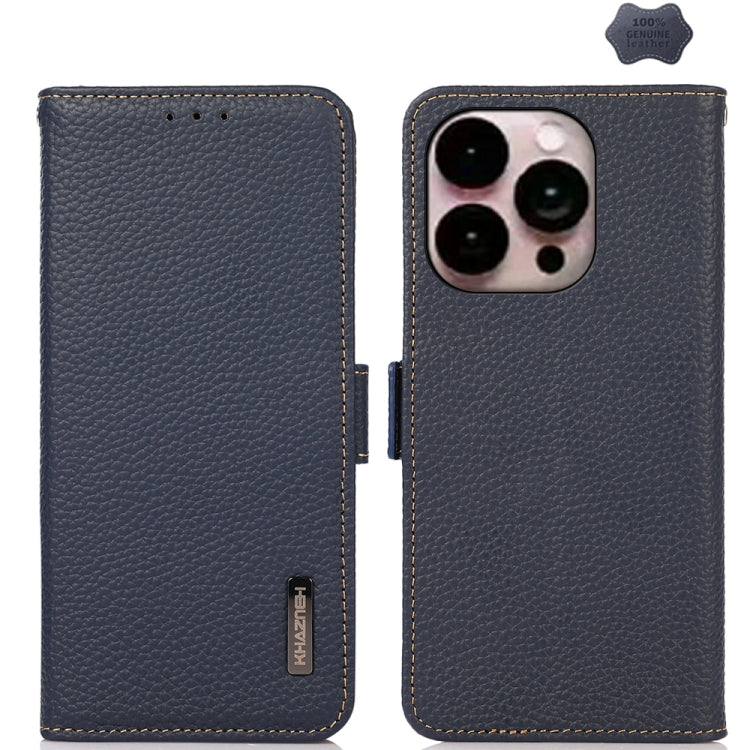 For iPhone 16 Pro KHAZNEH Side-Magnetic Litchi Genuine Leather RFID Case(Blue) - iPhone 16 Pro Cases by PMC TechLife | Online Shopping South Africa | PMC TechLife | Buy Now Pay Later Mobicred