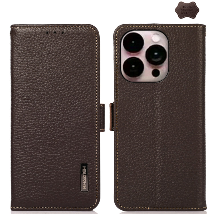 For iPhone 16 Pro KHAZNEH Side-Magnetic Litchi Genuine Leather RFID Case(Brown) - iPhone 16 Pro Cases by PMC Jewellery | Online Shopping South Africa | PMC Jewellery | Buy Now Pay Later Mobicred