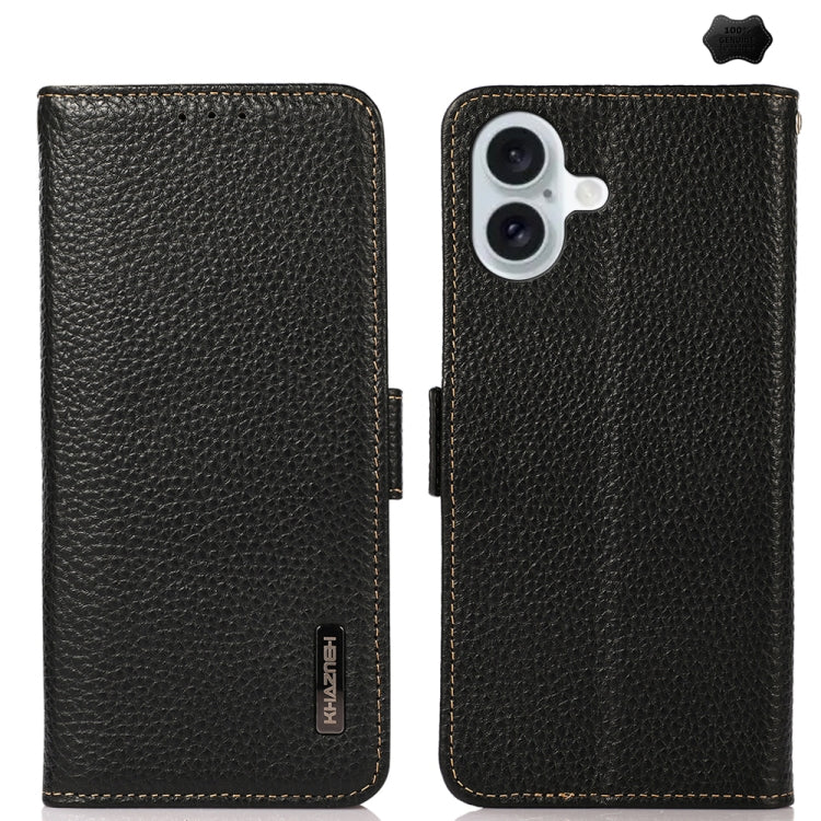 For iPhone 16 Plus KHAZNEH Side-Magnetic Litchi Genuine Leather RFID Case(Black) - iPhone 16 Plus Cases by PMC Jewellery | Online Shopping South Africa | PMC Jewellery | Buy Now Pay Later Mobicred