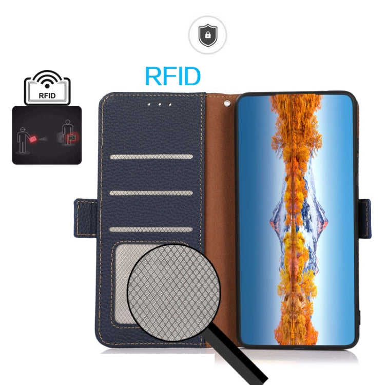 For iPhone 16 Plus KHAZNEH Side-Magnetic Litchi Genuine Leather RFID Case(Blue) - iPhone 16 Plus Cases by PMC TechLife | Online Shopping South Africa | PMC TechLife | Buy Now Pay Later Mobicred