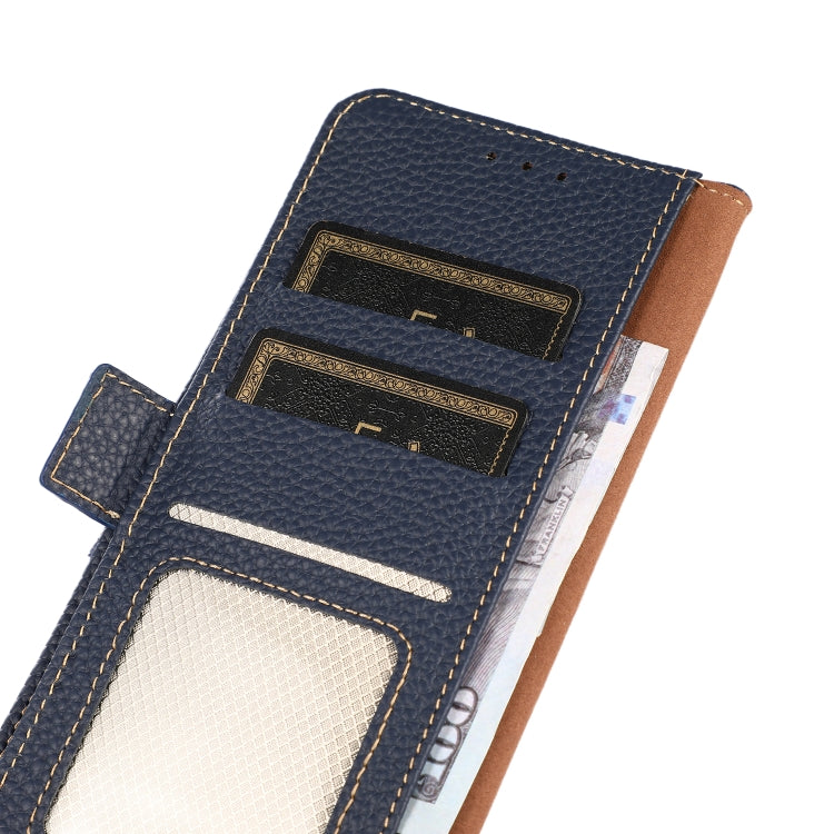 For iPhone 16 Plus KHAZNEH Side-Magnetic Litchi Genuine Leather RFID Case(Blue) - iPhone 16 Plus Cases by PMC TechLife | Online Shopping South Africa | PMC TechLife | Buy Now Pay Later Mobicred