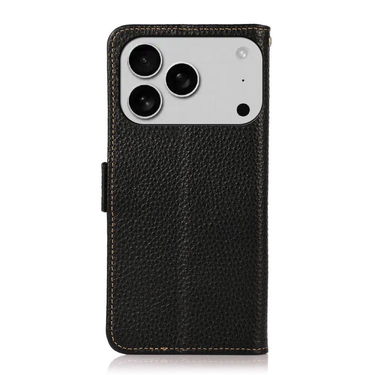 For iPhone 17 Pro KHAZNEH Side-Magnetic Litchi Genuine Leather RFID Case(Black) - free shipping - PMc TechLife - Order now!
