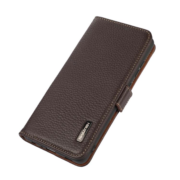 For iPhone 17 Pro KHAZNEH Side-Magnetic Litchi Genuine Leather RFID Case(Brown) - free shipping - PMc TechLife - Order now!