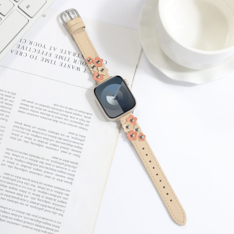 For Apple Watch Ultra 2 49mm Stitched Flower Leather Watch Band(Khaki) - Watch Bands by PMC TechLife | Online Shopping South Africa | PMC TechLife | Buy Now Pay Later Mobicred