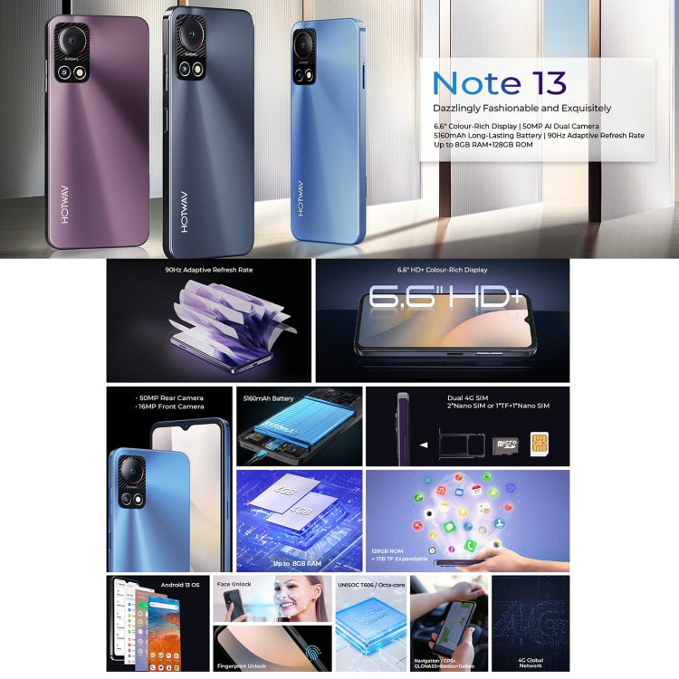 HOTWAV Note 13, 4GB+128GB, Side Fingerprint Identification, 6.6 inch Android 13 T606 Octa Core up to 1.6GHz, Network: 4G, NFC, OTG(Blue) - Other by HOTWAV | Online Shopping South Africa | PMC Jewellery | Buy Now Pay Later Mobicred