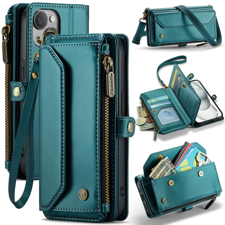 For iPhone 15 Plus CaseMe C36 Card Slots Zipper Wallet RFID Anti-theft Leather Phone Case(Blue-green) - iPhone 15 Plus Cases by CaseMe | Online Shopping South Africa | PMC Jewellery | Buy Now Pay Later Mobicred