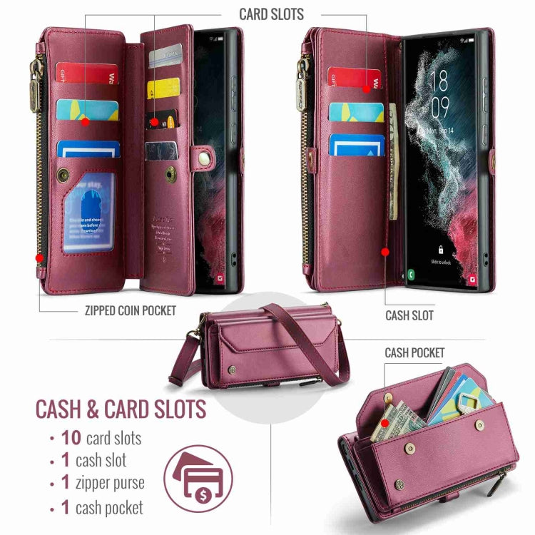 For Samsung Galaxy S22 Ultra 5G CaseMe C36 Card Slots Zipper Wallet RFID Anti-theft Leather Phone Case(Wine Red) - Galaxy S22 Ultra 5G Cases by CaseMe | Online Shopping South Africa | PMC Jewellery | Buy Now Pay Later Mobicred