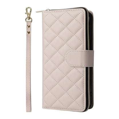 For iPhone 16 Pro Max Crossbody Rhombic Zipper Tower Buckle Leather Phone Case with Lanyard(Beige) - iPhone 16 Pro Max Cases by PMC Jewellery | Online Shopping South Africa | PMC Jewellery | Buy Now Pay Later Mobicred