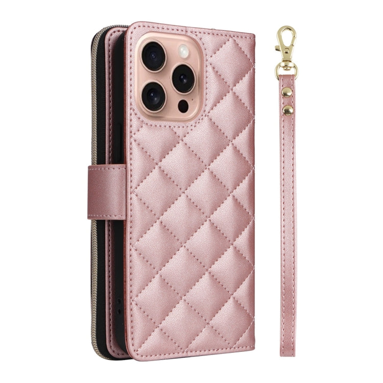 For iPhone 16 Pro Crossbody Rhombic Zipper Tower Buckle Leather Phone Case with Lanyard(Rose Gold) - iPhone 16 Pro Cases by PMC Jewellery | Online Shopping South Africa | PMC Jewellery | Buy Now Pay Later Mobicred