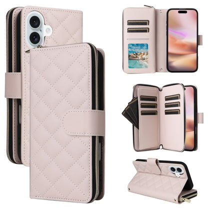 For iPhone 16 Plus Crossbody Rhombic Zipper Tower Buckle Leather Phone Case with Lanyard(Beige) - iPhone 16 Plus Cases by PMC Jewellery | Online Shopping South Africa | PMC Jewellery | Buy Now Pay Later Mobicred