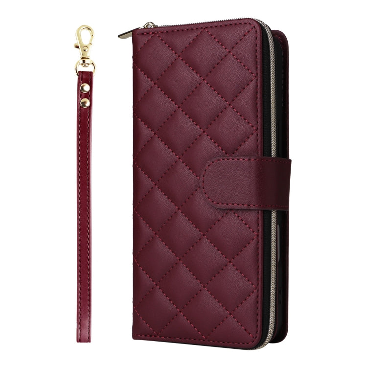 For iPhone 16 Crossbody Rhombic Zipper Tower Buckle Leather Phone Case with Lanyard(Wine Red) - iPhone 16 Cases by PMC Jewellery | Online Shopping South Africa | PMC Jewellery | Buy Now Pay Later Mobicred