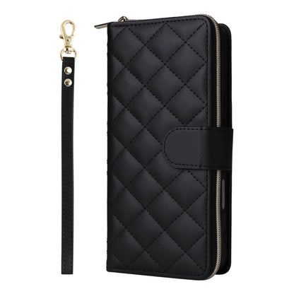 For iPhone 16 Crossbody Rhombic Zipper Tower Buckle Leather Phone Case with Lanyard(Black) - iPhone 16 Cases by PMC Jewellery | Online Shopping South Africa | PMC Jewellery | Buy Now Pay Later Mobicred