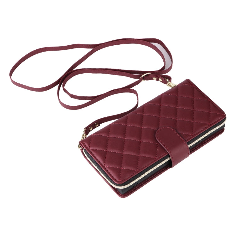 For Samsung Galaxy S25 Ultra 5G Crossbody Rhombic Zipper Tower Buckle Leather Phone Case with Lanyard(Wine Red) - Galaxy S25 Ultra 5G Cases by PMC Jewellery | Online Shopping South Africa | PMC Jewellery | Buy Now Pay Later Mobicred