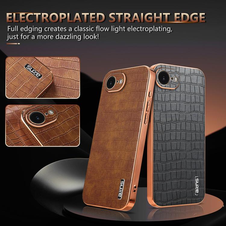 For iPhone 16e AZNS Electroplated Frame Crocodile Texture Full Coverage Phone Case(Brown) - free shipping - PMc TechLife - Order now!