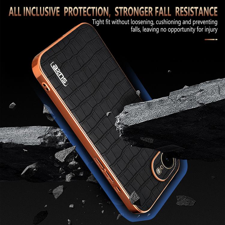 For iPhone 16e AZNS Electroplated Frame Crocodile Texture Full Coverage Phone Case(Brown) - free shipping - PMc TechLife - Order now!
