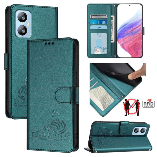 For Blackview A52 Cat Rat Embossed Pattern RFID Leather Phone Case with Lanyard(Peacock Green) - More Brand by PMC Jewellery | Online Shopping South Africa | PMC Jewellery | Buy Now Pay Later Mobicred