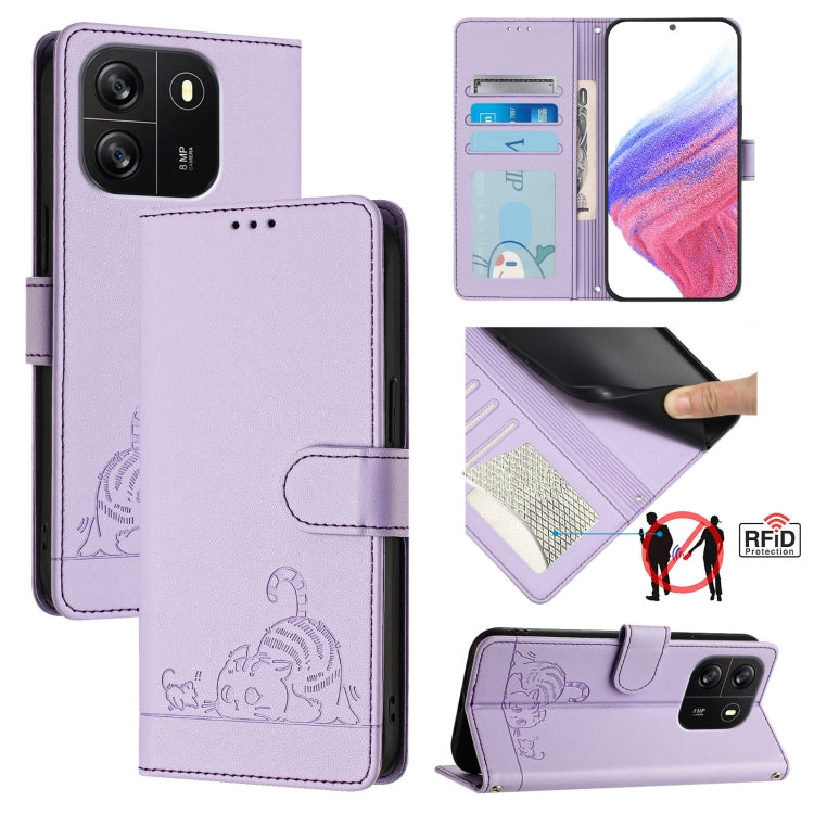For Blackview Wave 6C Cat Rat Embossed Pattern RFID Leather Phone Case with Lanyard(Purple) - More Brand by PMC TechLife | Online Shopping South Africa | PMC TechLife | Buy Now Pay Later Mobicred