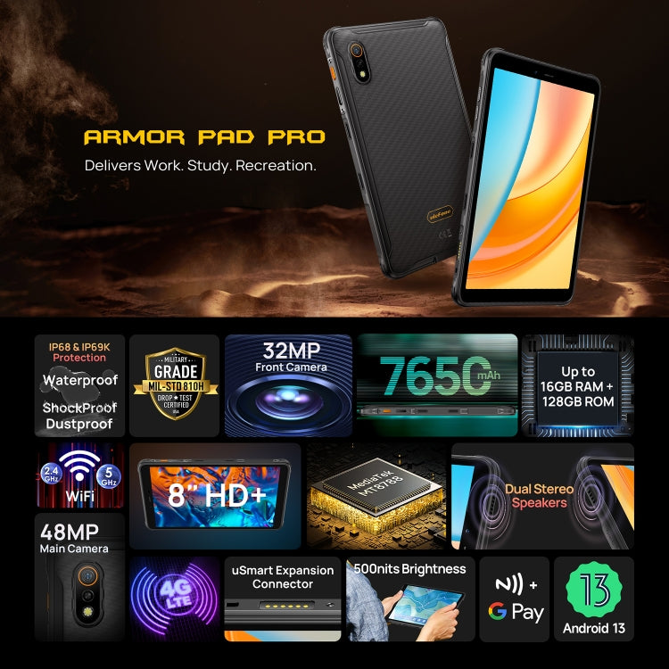 Ulefone Armor Pad Pro Rugged Tablet PC, 8GB+128GB, 8 inch Android 13 MediaTek MT8788 Octa Core 4G Network, EU Plug(Black) - free shipping - PMC TechLife - Order now!