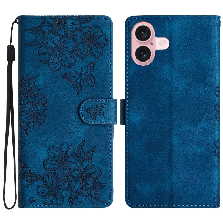 For iPhone 16 Cherry Blossom Butterfly Skin Feel Embossed PU Phone Case(Blue) - iPhone 16 Cases by PMC TechLife | Online Shopping South Africa | PMC TechLife | Buy Now Pay Later Mobicred