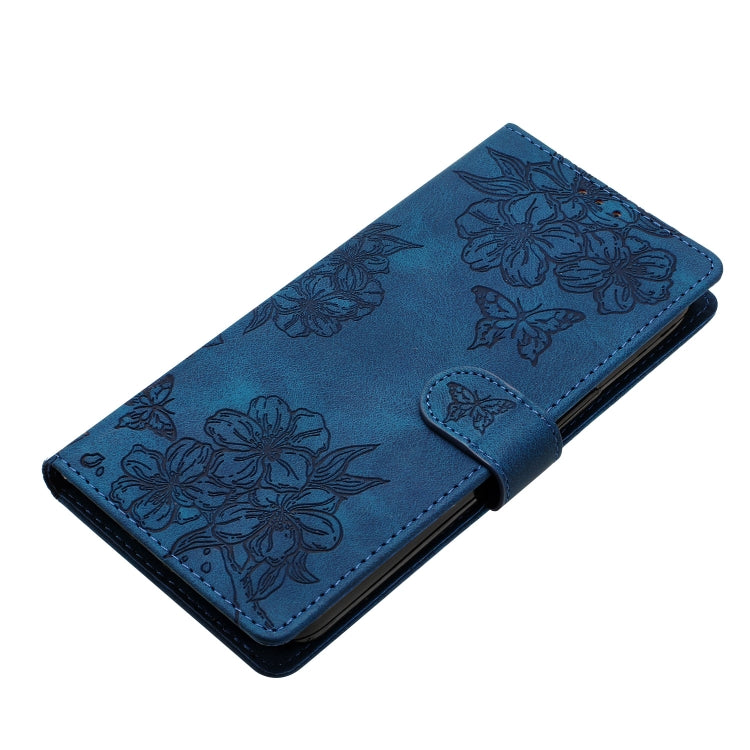 For iPhone 16 Cherry Blossom Butterfly Skin Feel Embossed PU Phone Case(Blue) - iPhone 16 Cases by PMC TechLife | Online Shopping South Africa | PMC TechLife | Buy Now Pay Later Mobicred