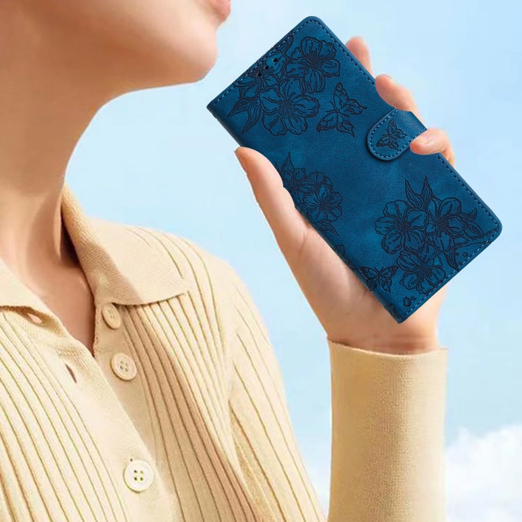 For iPhone 16 Cherry Blossom Butterfly Skin Feel Embossed PU Phone Case(Blue) - iPhone 16 Cases by PMC TechLife | Online Shopping South Africa | PMC TechLife | Buy Now Pay Later Mobicred