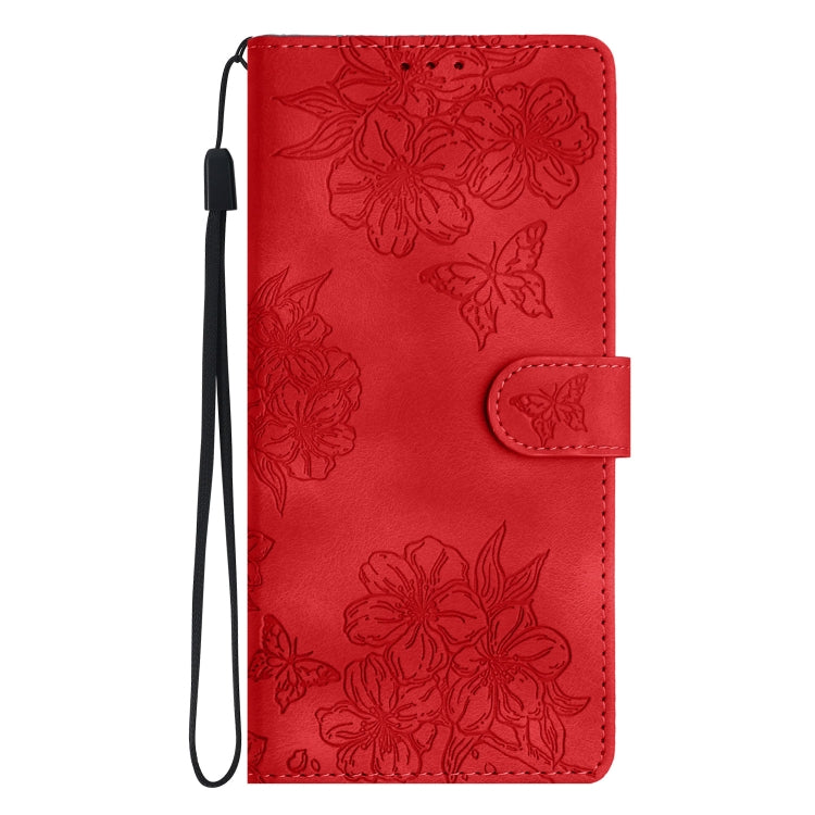 For iPhone 16 Pro Max Cherry Blossom Butterfly Skin Feel Embossed PU Phone Case(Red) - iPhone 16 Pro Max Cases by PMC Jewellery | Online Shopping South Africa | PMC Jewellery | Buy Now Pay Later Mobicred