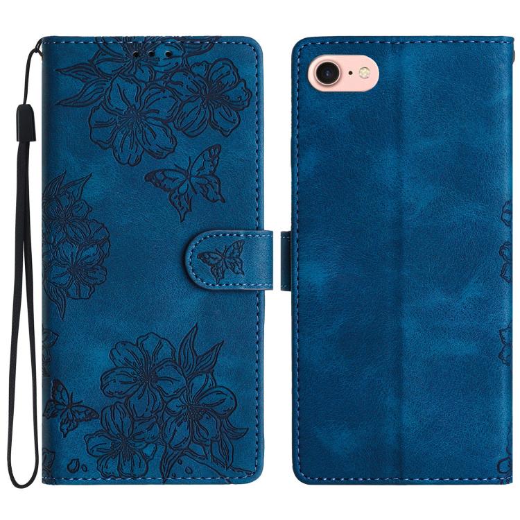 For iPhone 16e Cherry Blossom Butterfly Skin Feel Embossed PU Phone Case(Blue) - iPhone 16e Cases by PMC TechLife | Online Shopping South Africa | PMC TechLife | Buy Now Pay Later Mobicred