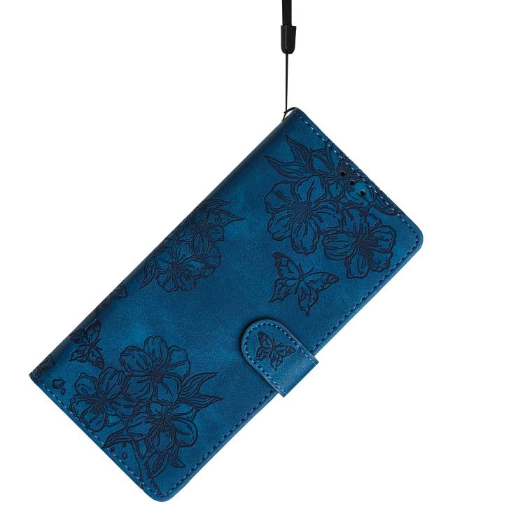 For iPhone 16e Cherry Blossom Butterfly Skin Feel Embossed PU Phone Case(Blue) - iPhone 16e Cases by PMC TechLife | Online Shopping South Africa | PMC TechLife | Buy Now Pay Later Mobicred