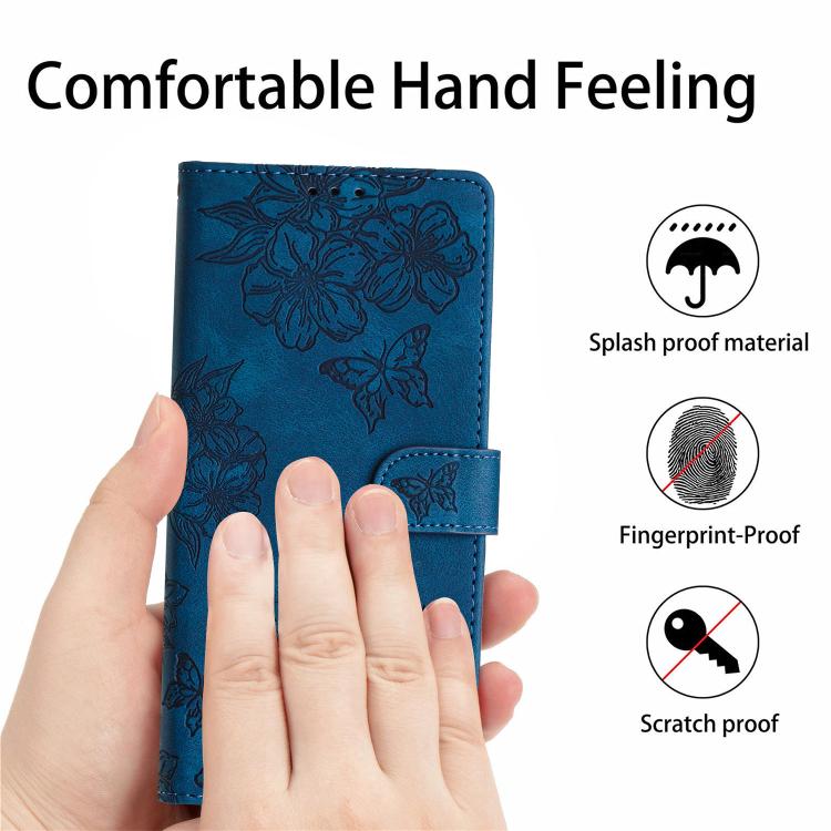 For iPhone 16e Cherry Blossom Butterfly Skin Feel Embossed PU Phone Case(Blue) - iPhone 16e Cases by PMC TechLife | Online Shopping South Africa | PMC TechLife | Buy Now Pay Later Mobicred
