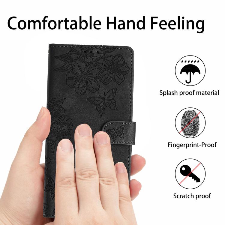 For iPhone 16e Cherry Blossom Butterfly Skin Feel Embossed PU Phone Case(Black) - iPhone 16e Cases by PMC TechLife | Online Shopping South Africa | PMC TechLife | Buy Now Pay Later Mobicred