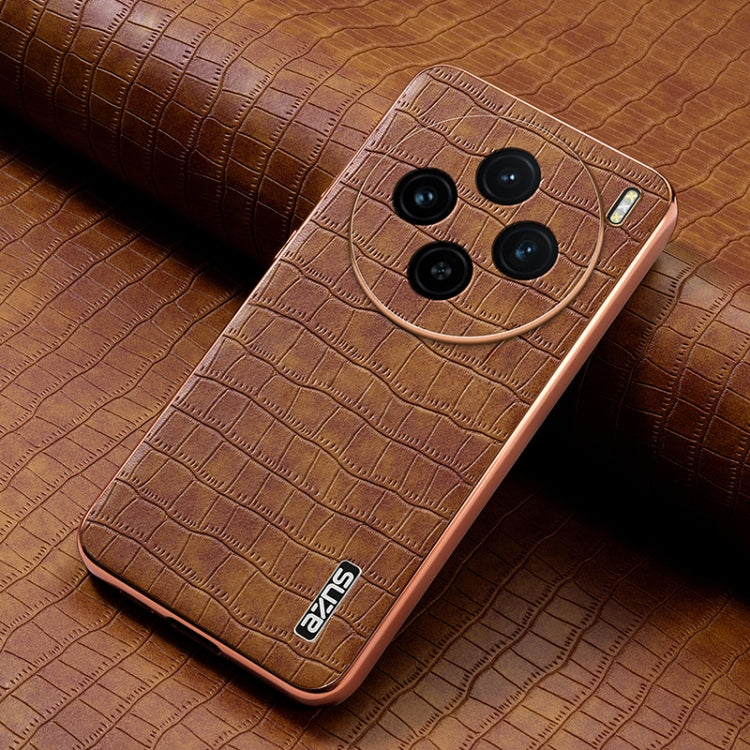 For vivo X100 5G AZNS Electroplated Frame Crocodile Texture Full Coverage Phone Case(Brown) - vivo Cases by AZNS | Online Shopping South Africa | PMC Jewellery | Buy Now Pay Later Mobicred