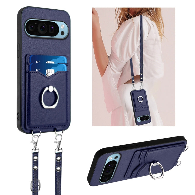 For Google Pixel 9 Pro XL R20 Crossbody Rope Ring Card Holder Phone Case(Blue) - Google Cases by PMC TechLife | Online Shopping South Africa | PMC TechLife | Buy Now Pay Later Mobicred