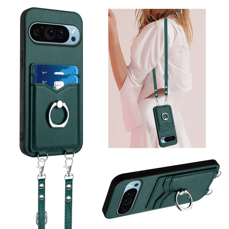 For Google Pixel 9 / 9 Pro R20 Crossbody Rope Ring Card Holder Phone Case(Green) - Google Cases by PMC TechLife | Online Shopping South Africa | PMC TechLife | Buy Now Pay Later Mobicred