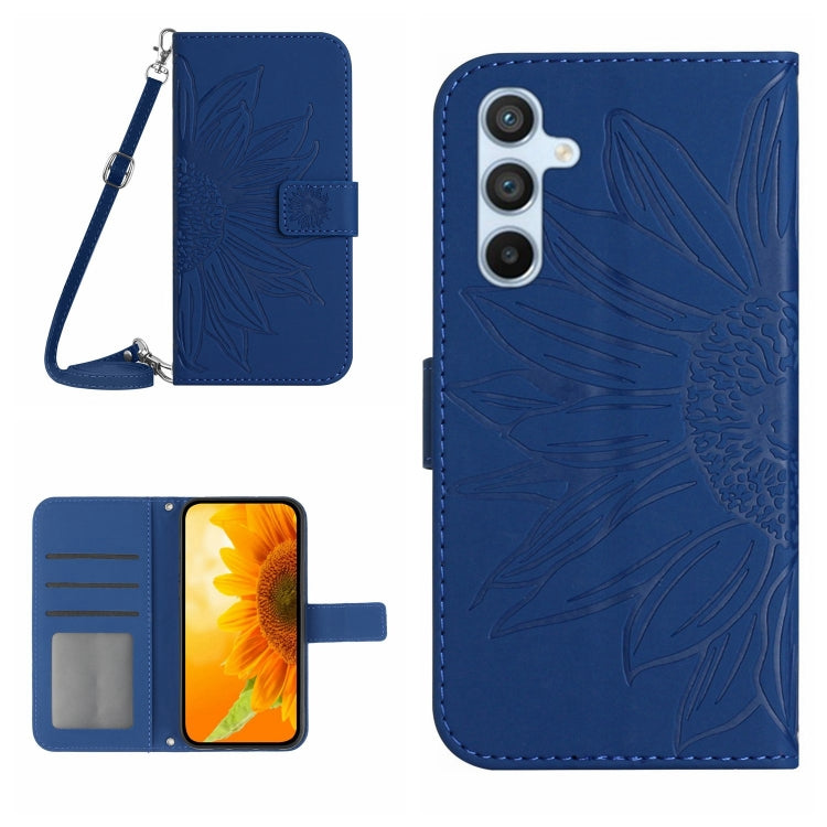 For Samsung Galaxy S25 5G Skin Feel Sun Flower Embossed Flip Leather Phone Case with Lanyard(Dark Blue) - Galaxy S25 5G Cases by PMC Jewellery | Online Shopping South Africa | PMC Jewellery | Buy Now Pay Later Mobicred