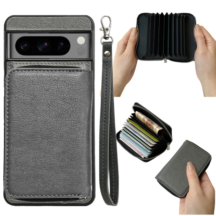 For Google Pixel 8 Pro Solid Color Zipper 11-Card Slots Bag Phone Case with Lanyard(Grey) - Google Cases by PMC TechLife | Online Shopping South Africa | PMC TechLife | Buy Now Pay Later Mobicred